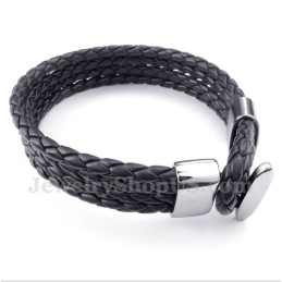 Pulsera De Cuero Negro De Titanio Para Hombre