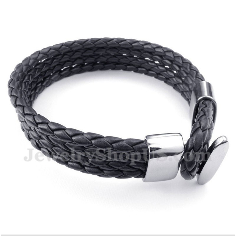Pulsera De Cuero Negro De Titanio Para Hombre