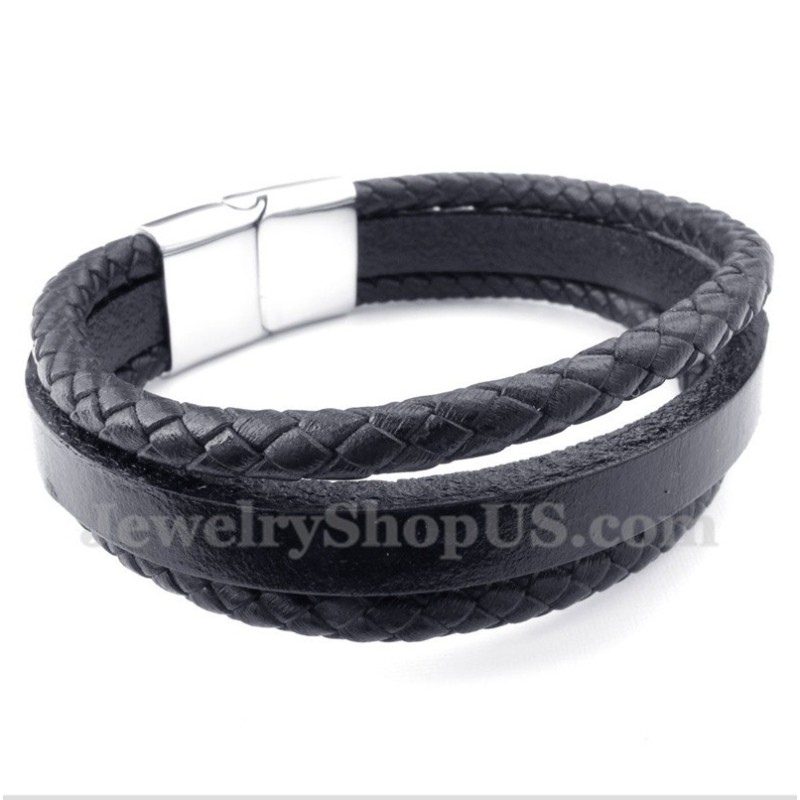 Pulsera De Cuero Negro De Titanio Para Hombre