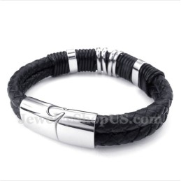 Pulsera De Cuero Negro De Titanio Para Hombre