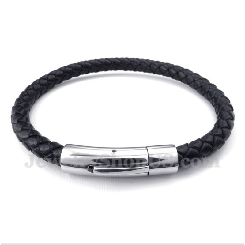 Pulsera De Cuero Negro De Titanio Para Hombre