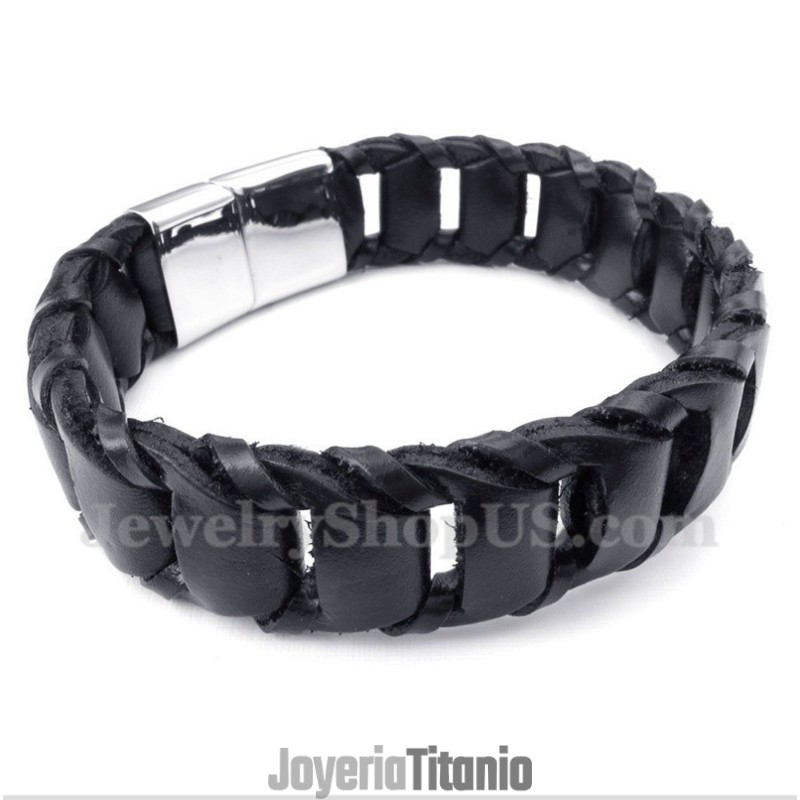 Pulsera De Cuero Negro De Titanio Para Hombre