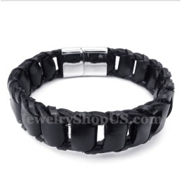 Pulsera De Cuero Negro De Titanio Para Hombre