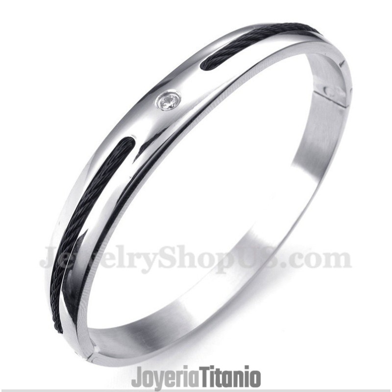 Pulsera De Titanio Con Diamantes Y Cable Negro Para Hombre