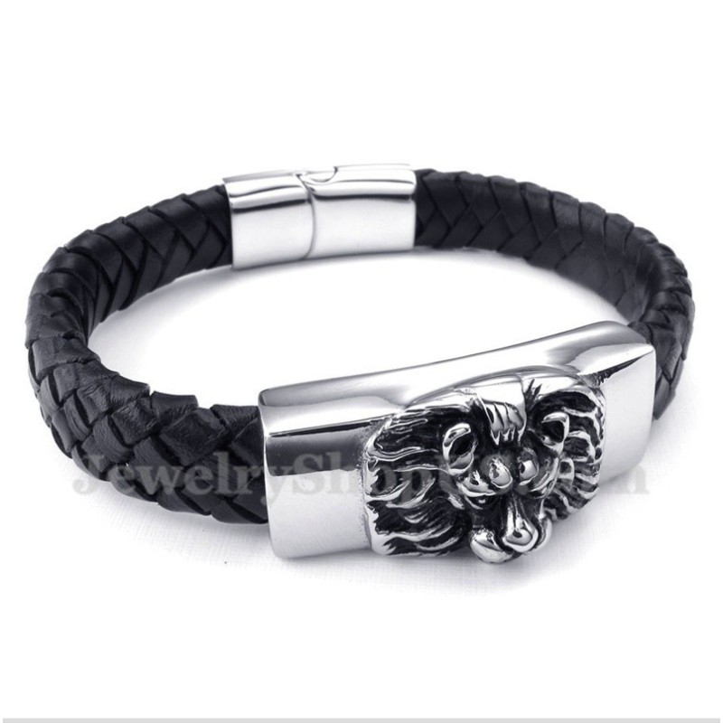 Pulsera De Cuero Con Cabeza De León De Titanio Para Hombre Pulsera De Cuero Con Cabeza De León De Titanio Para Hombre
