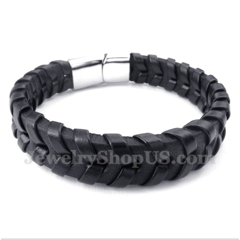 Pulsera De Titanio Y Cuero Para Hombre