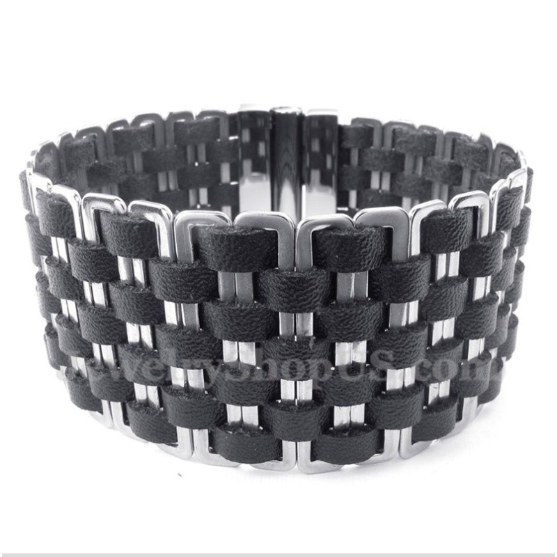 Pulsera De Titanio Y Cuero Para Hombre