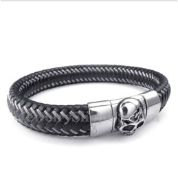Pulsera De Cable De Cuero Negro Y Titanio Para Hombre