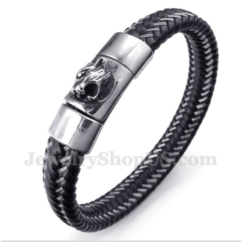 Pulsera De Cable De Cuero Negro Y Titanio Para Hombre