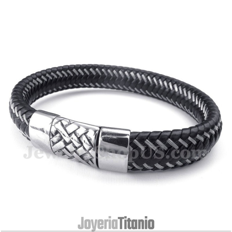 Pulsera De Cable De Cuero Negro Y Titanio Para Hombre Pulsera De Cable De Cuero Negro Y Titanio Para Hombre