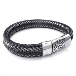 Pulsera De Cable De Cuero Negro Y Titanio Para Hombre
