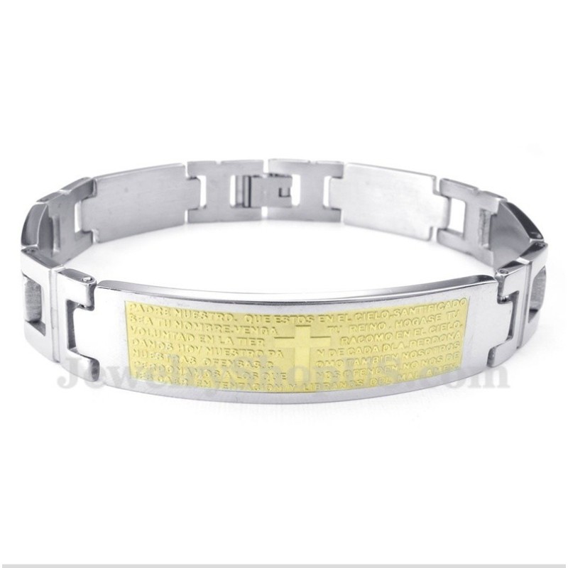 Pulsera De Titanio Con Cruz Dorada Y Versículo Bíblico Para Hombre Pulsera De Titanio Con Cruz Dorada Y Versículo Bíblico Para Hombre