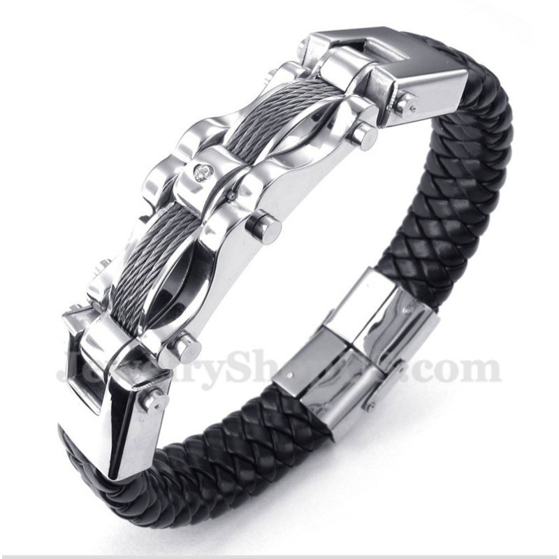 Pulsera De Cuero Con Diamantes Y Cable De Titanio Para Hombre