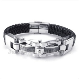 Pulsera De Cuero Con Diamantes Y Cable De Titanio Para Hombre