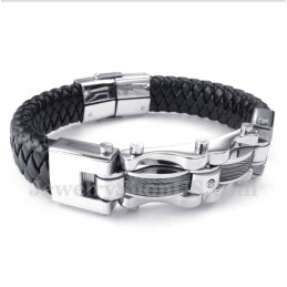Pulsera De Cuero Con Diamantes Y Cable De Titanio Para Hombre
