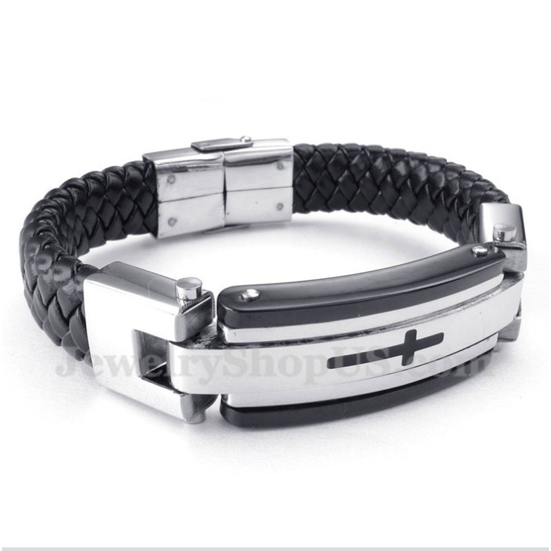 Pulsera De Cuero Con Cruz De Titanio Para Hombre