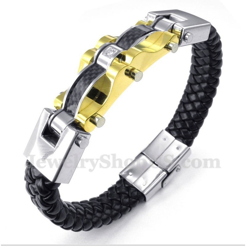 Pulsera De Cuero Y Fibra De Carbono De Titanio Para Hombre