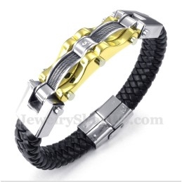 Pulsera De Cuero Con Cable De Titanio Y Oro Para Hombre