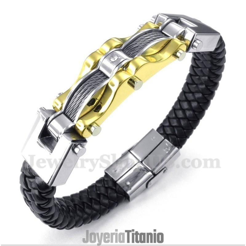 Pulsera De Cuero Con Cable De Titanio Y Oro Para Hombre Pulsera De Cuero Con Cable De Titanio Y Oro Para Hombre
