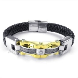 Pulsera De Cuero Con Cable De Titanio Y Oro Para Hombre