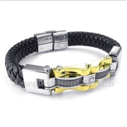 Pulsera De Cuero Con Cable De Titanio Y Oro Para Hombre