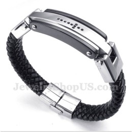 Pulsera De Cuero Con Cruz De Cristal Negro De Titanio Para Hombre