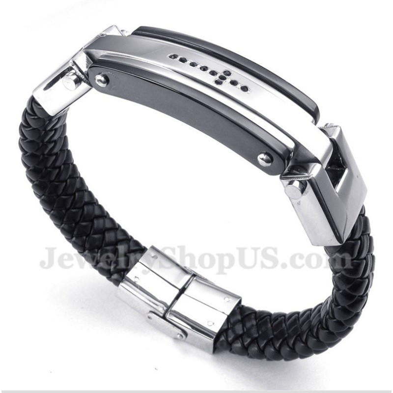 Pulsera De Cuero Con Cruz De Cristal Negro De Titanio Para Hombre