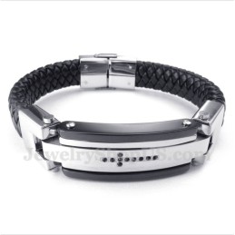 Pulsera De Cuero Con Cruz De Cristal Negro De Titanio Para Hombre
