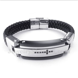 Pulsera De Cuero Con Cruz De Cristal Negro De Titanio Para Hombre