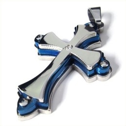 Colgante De Titanio Con Cruz De Tres Capas (Azul)