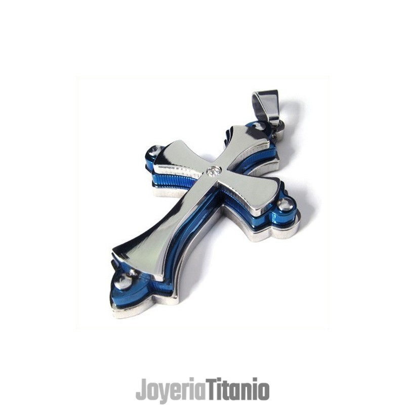Colgante De Titanio Con Cruz De Tres Capas (Azul)