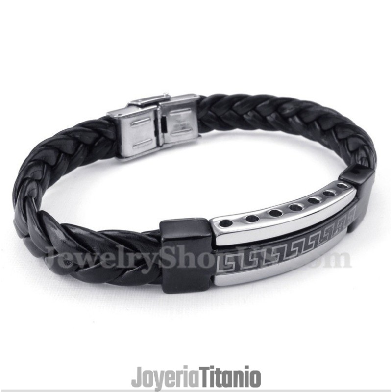 Pulsera De Cuero Con Diseño De Meandro Griego De Titanio Para Hombre Pulsera De Cuero Con Diseño De Meandro Griego De Titanio Para Hombre