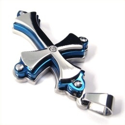 Colgante De Titanio Con Cruz De Tres Capas (Azul)