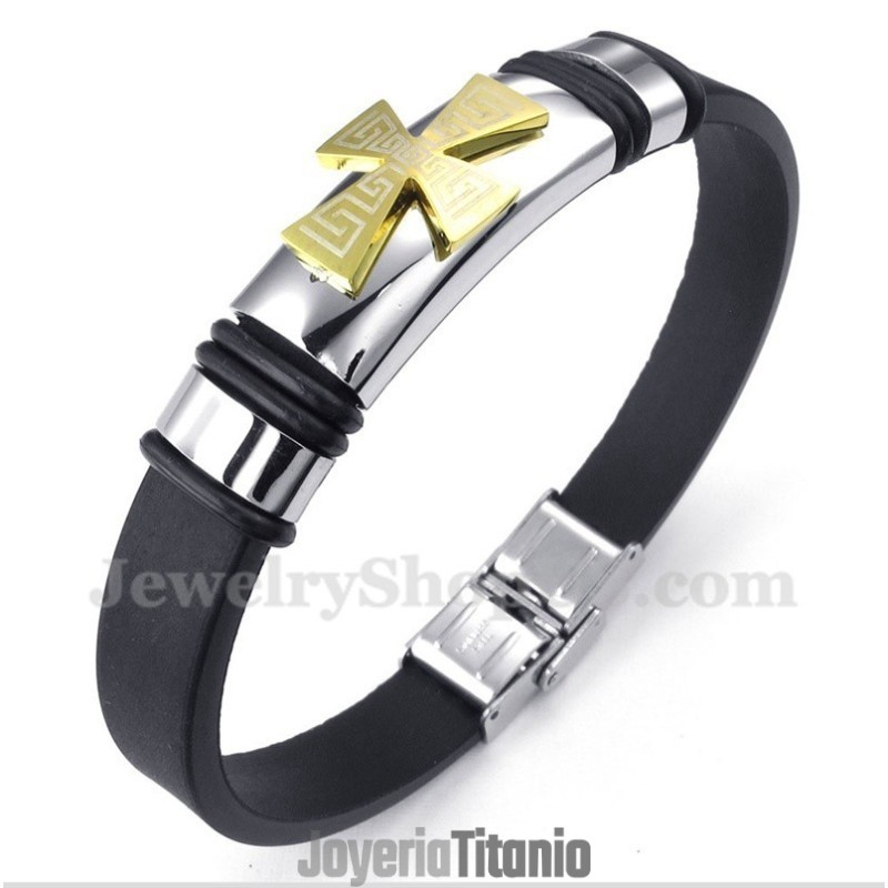 Pulsera De Caucho Con Cruz Dorada Y Diseño De Meandro Griego De Titanio Para Hombre