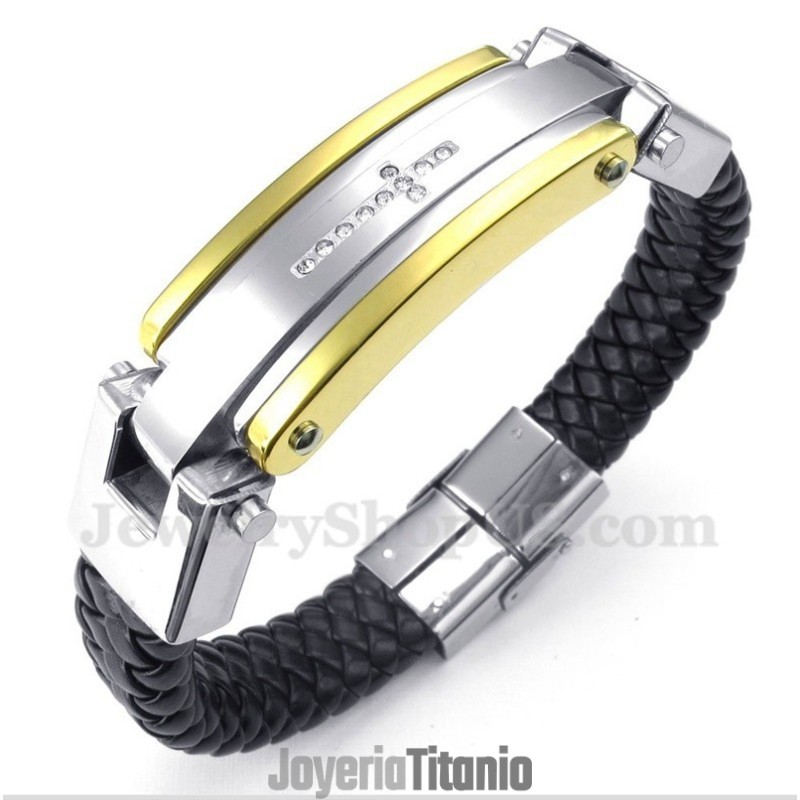 Pulsera De Cuero Con Cruz De Diamantes Y Titanio Para Hombre