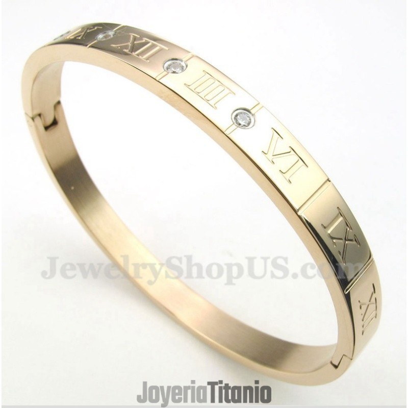 Pulsera De Titanio Con Diamantes Y Números Romanos En Oro Rosa Para Hombre Pulsera De Titanio Con Diamantes Y Números Romanos En Oro Rosa Para Hombre