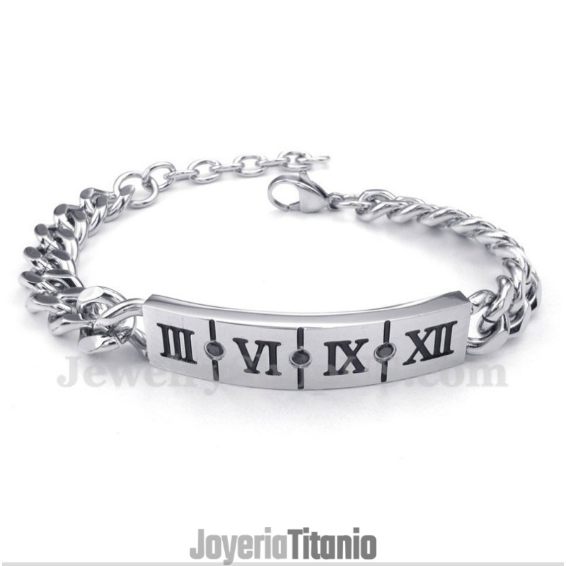 Pulsera De Titanio Con Diamantes Y Números Romanos Para Hombre Pulsera De Titanio Con Diamantes Y Números Romanos Para Hombre