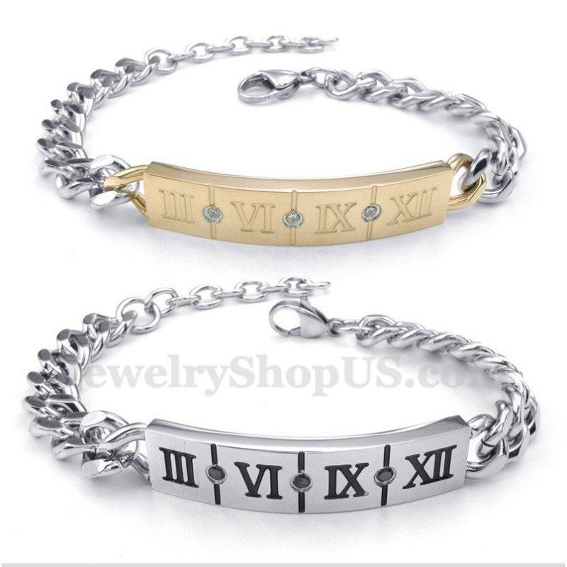 Pulsera De Titanio Con Números Romanos Y Diamantes Para Pareja (Un Par) Pulsera De Titanio Con Números Romanos Y Diamantes Para Pareja (Un Par)
