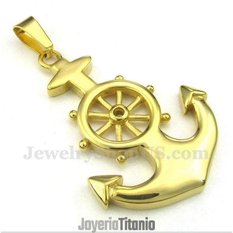 Colgante De Timón De Titanio Dorado Para Hombre Con Cadena Gratis