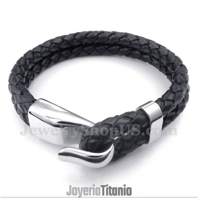 Pulsera De Titanio Y Cuero Para Hombre