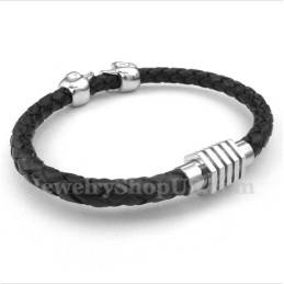 Pulsera De Titanio Y Cuero Con Calavera Para Hombre