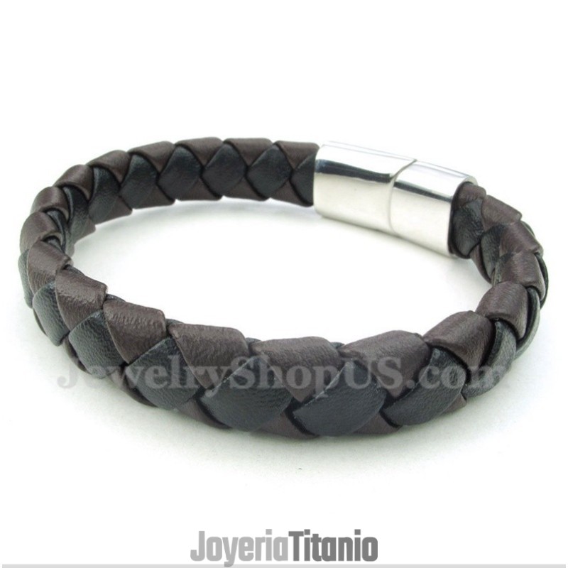 Pulsera De Titanio Y Cuero Para Hombre
