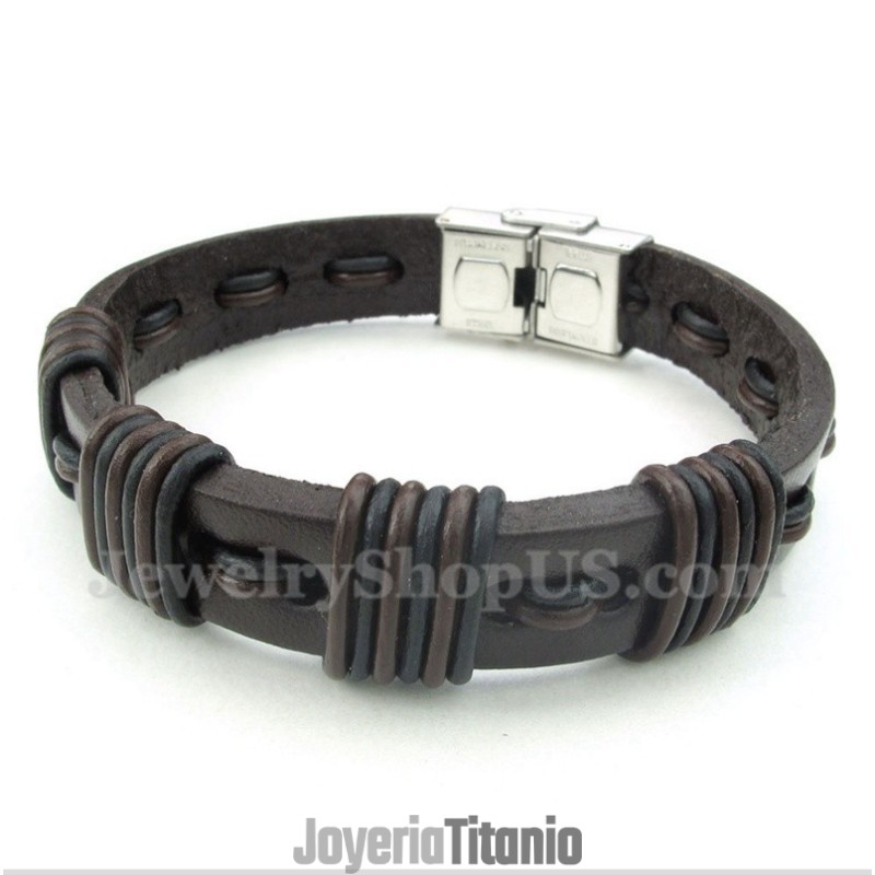 Pulsera De Titanio Y Cuero Para Hombre