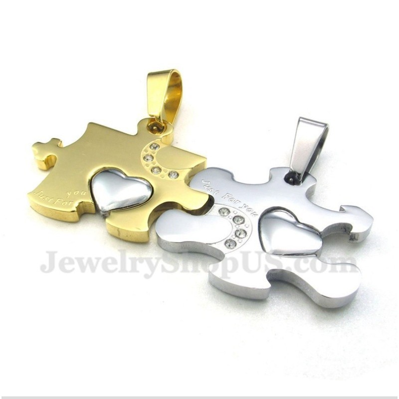 Colgante De Pareja De Rompecabezas De Titanio Y Oro Con Cadena Gratis (Un Par)