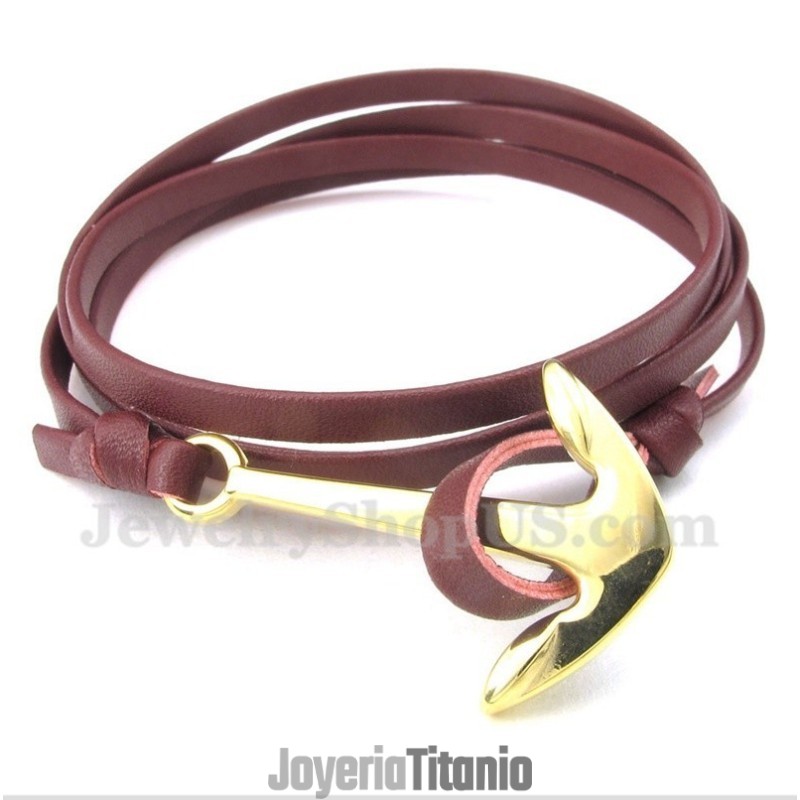 Pulsera De Cuero Con Ancla Y Titanio Para Hombre