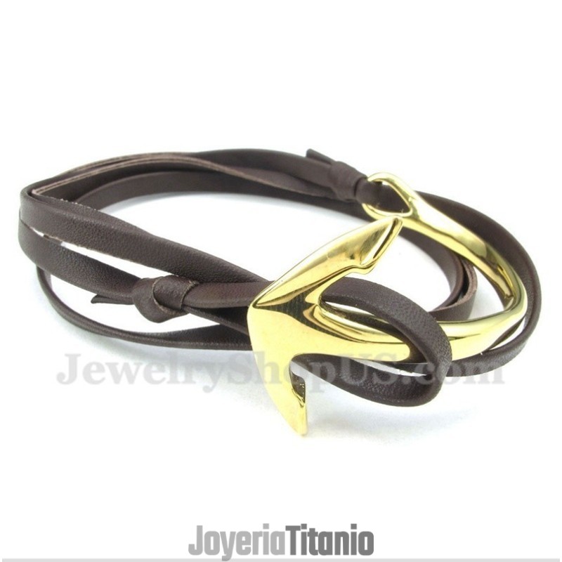 Pulsera De Ancla De Cuero Y Titanio Para Hombre