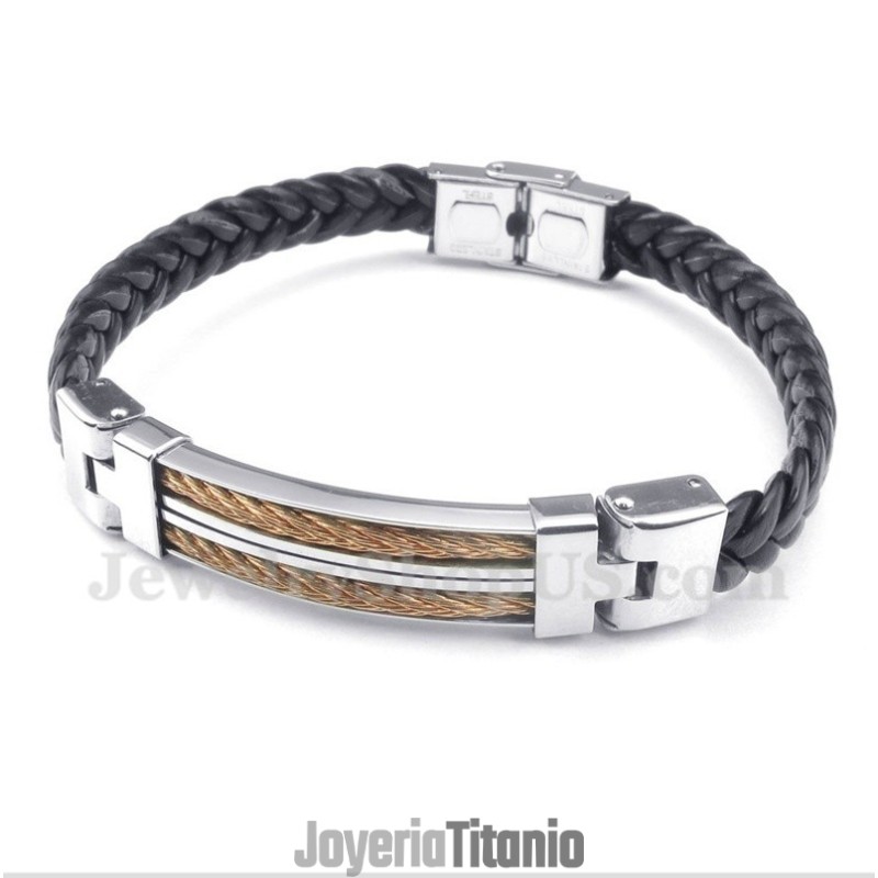 Pulsera De Cuero Y Titanio En Oro Rosa Para Hombre Pulsera De Cuero Y Titanio En Oro Rosa Para Hombre