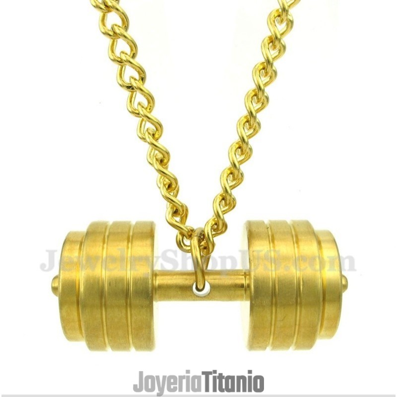 Colgante De Mancuernas De Titanio Dorado Para Hombre Con Cadena Gratis