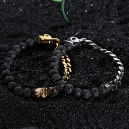 Pulsera De Titanio Con Cuentas De Piedra Volcánica Y Calavera De Buda
