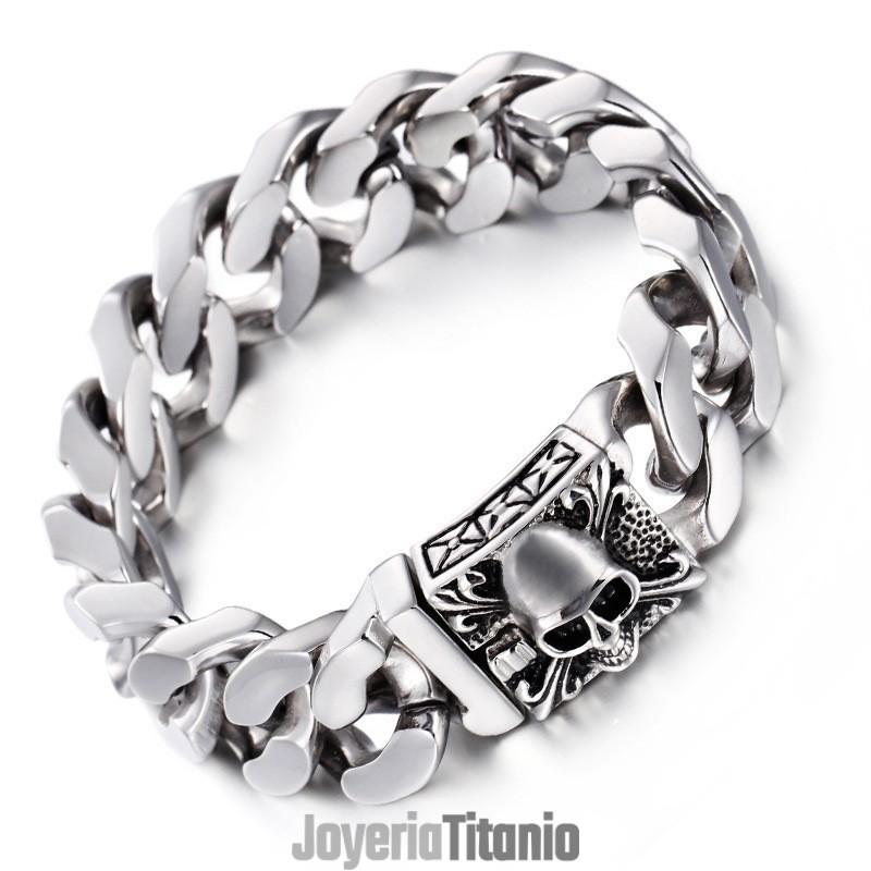 Pulsera De Cadena De Titanio Cubano Para Hombre Con Calavera De Titanio